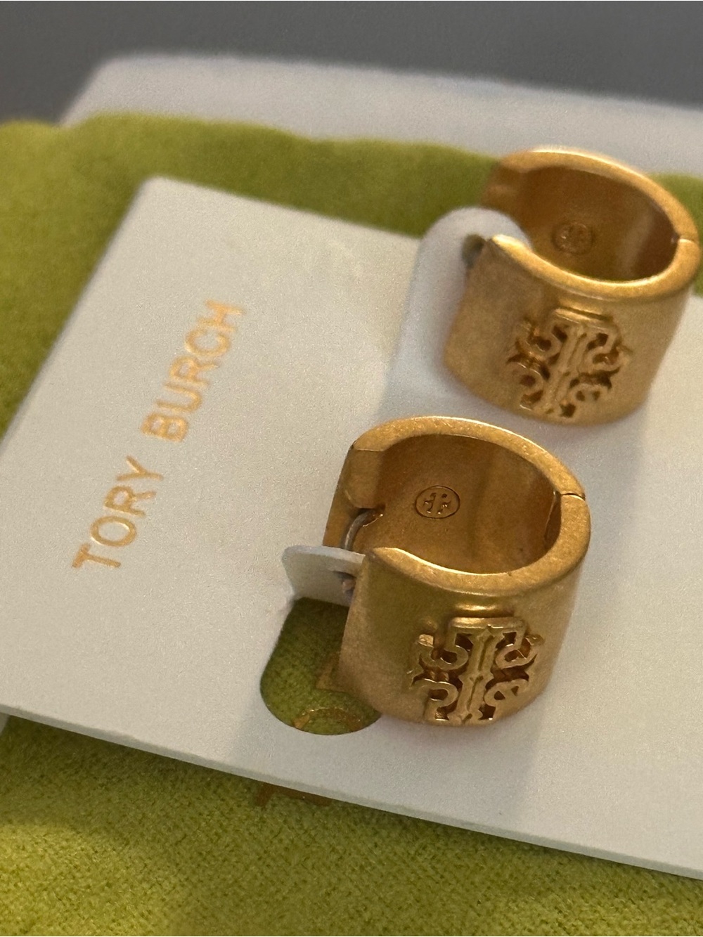 Tory Burch Matte Gold brushed Thick Hoop Logo Huggies